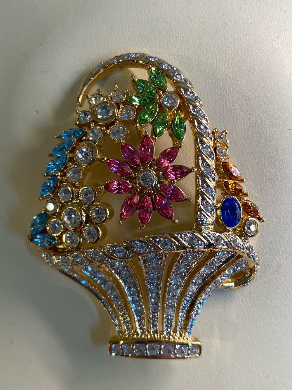 Vintage Floral Basket Pendant Multicolor Rhinestones Gold Tone 6.5cm